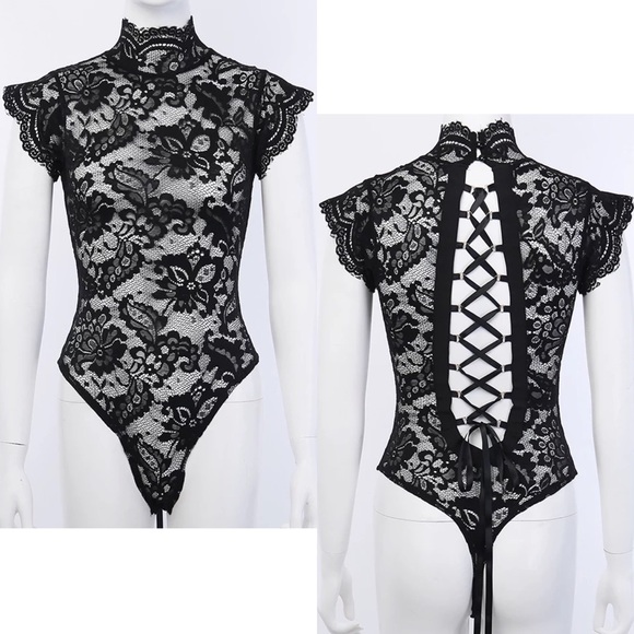 Sexy Black Lace High Neck Corset Back Bodysuit - Picture 8 of 16